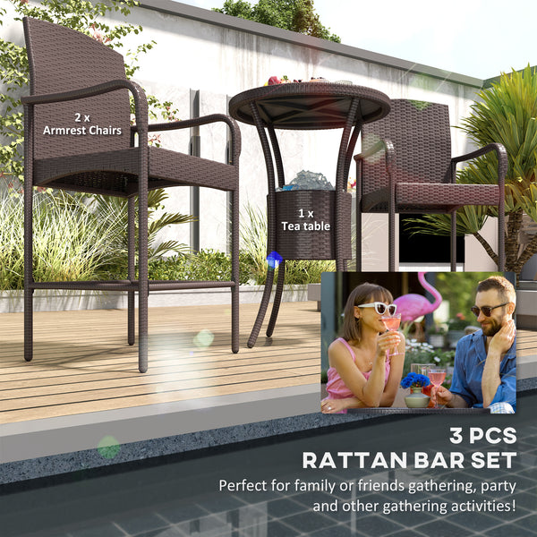 3 Piece Patio Bar Set, Rattan Bistro Table and Chairs, Dark Brown