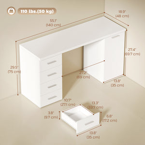 Computer desk with adjustable shelf, drawers and cabinet, white wood look.