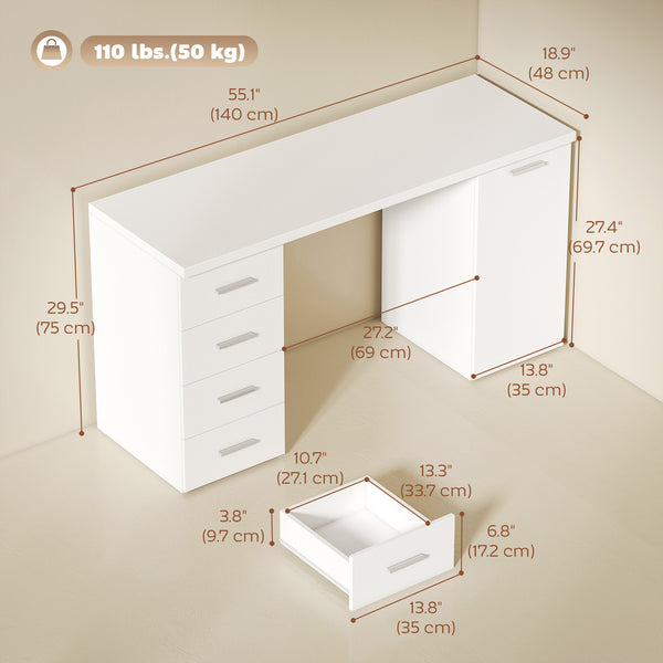 Computer desk with adjustable shelf, drawers and cabinet, white wood look.