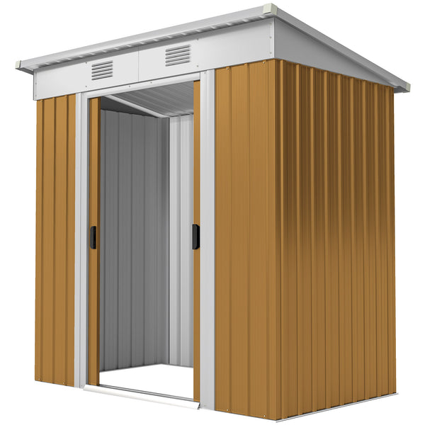Metal garden shed with lockable sliding doors and ventilation, yellow
