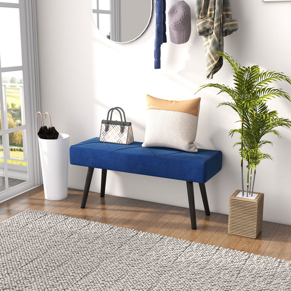 Modern upholstered bedroom bench with steel legs, dark blue