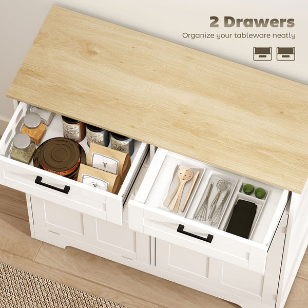 13 Gallon Tilt-Out Trash Can Cabinet with 2 Drawers, Door Shelves and Adjustable Shelves, White.