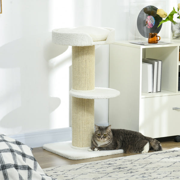 Cat tree with sisal mat, scratching post, basket, cushion and perch, cream white