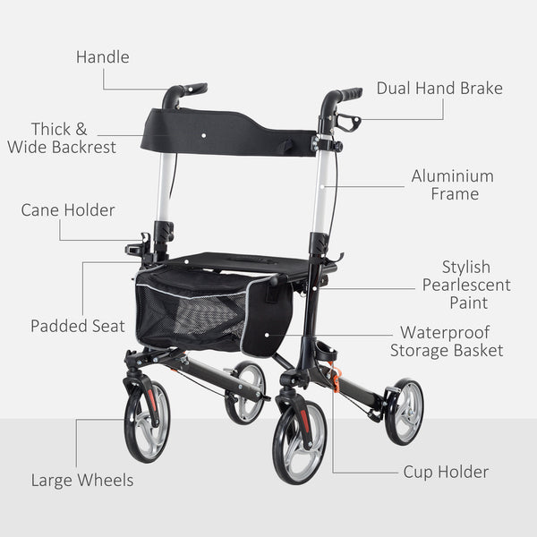 Lightweight Folding Walker with Large Seat and Adjustable Handle Black