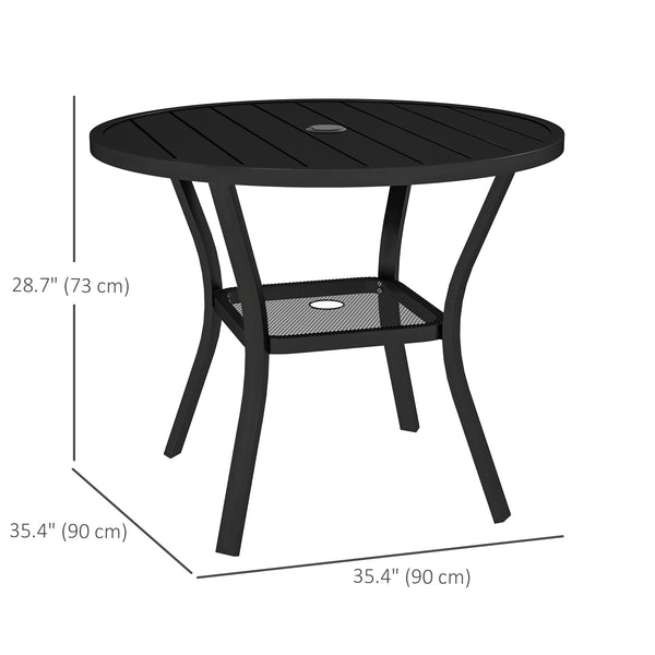 35.5" Round Outdoor Dining Table for 4, Metal Garden Patio Table with 1.6"-2" Umbrella Hole, Shelf, Slatted Top, Black