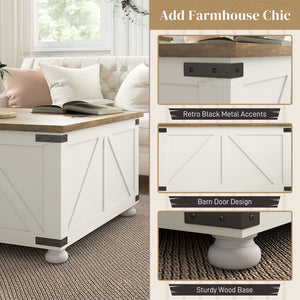 Farmhouse style coffee table with hinged lids, antique white