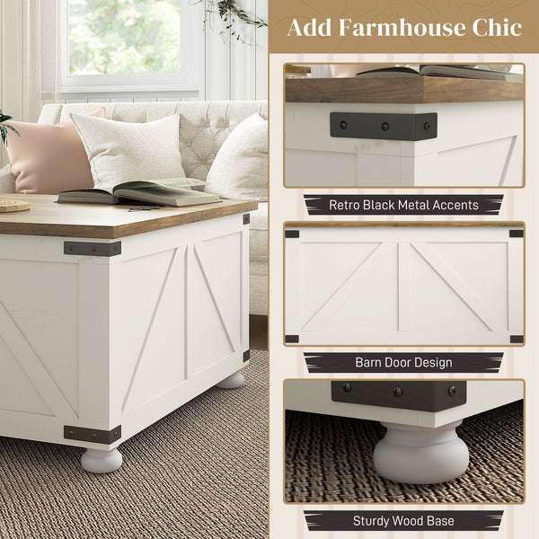 Farmhouse style coffee table with hinged lids, antique white