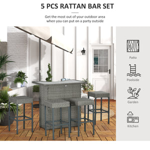 5-Piece Patio Bar Set, Synthetic Rattan Table and High Chairs, with Tempered Glass Top, Grey