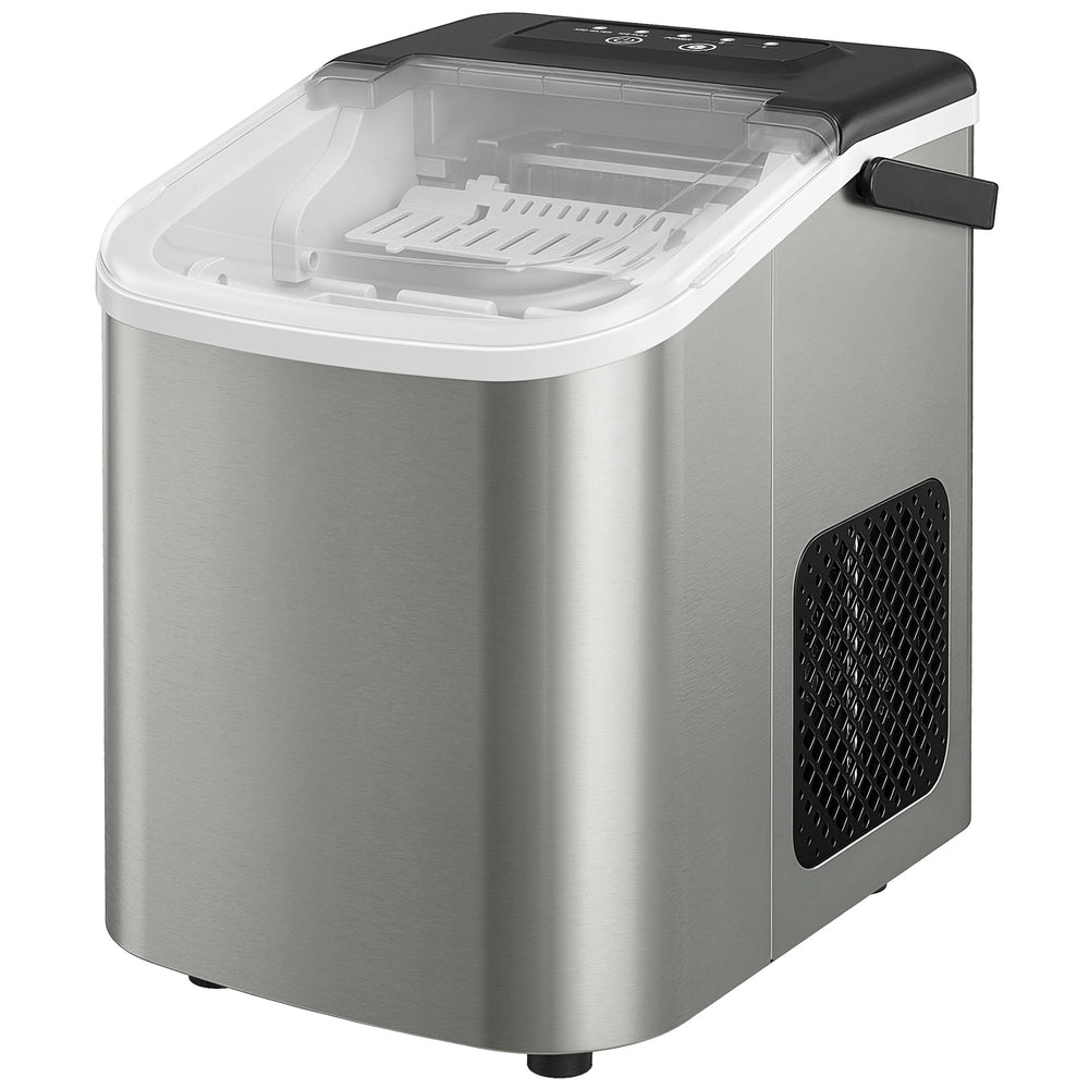 Portable self-cleaning ice maker with 2 ice sizes (bullet shape), ice scoop, silver color.