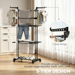 5-tier foldable clothes drying rack on wheels, black