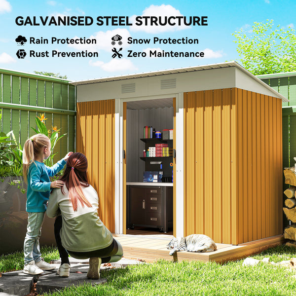 Metal garden shed with lockable sliding doors and ventilation, yellow
