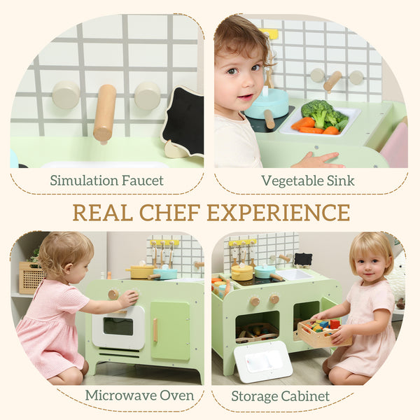 Children's kitchen with 15 accessories, microwave oven, cupboards, green