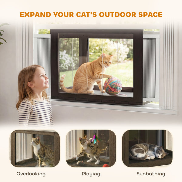 Adjustable outdoor cat enclosure with waterproof roof for window, 61 x 47 x 41 cm, black and white