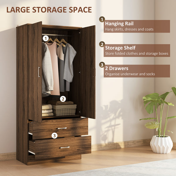 Wardrobe with hanging rod and 2 doors with 2 drawers, walnut