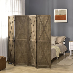 4 Panel Farmhouse Style Room Divider with Wood Frame, Brown