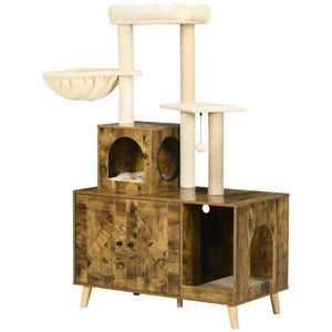 Litter box furniture with cat tree tower, rustic brown