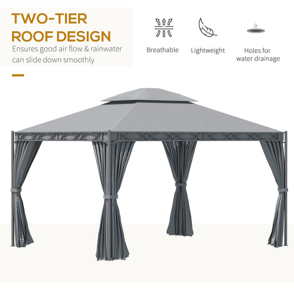 10'x13' Two-Tier Steel Covered Gazebo with Curtain, Gray