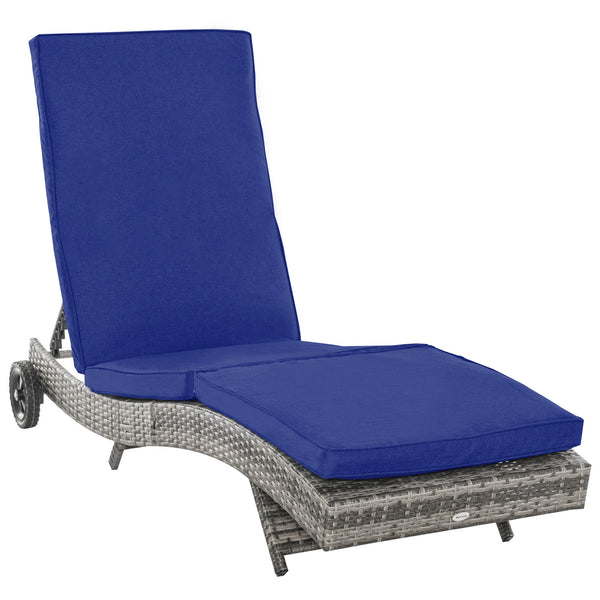 Adjustable wicker resin chaise lounge with cushion and wheels, dark blue 