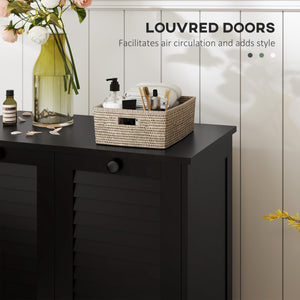 Tilting laundry basket cabinet with 2 baskets and 2 louvered doors, black