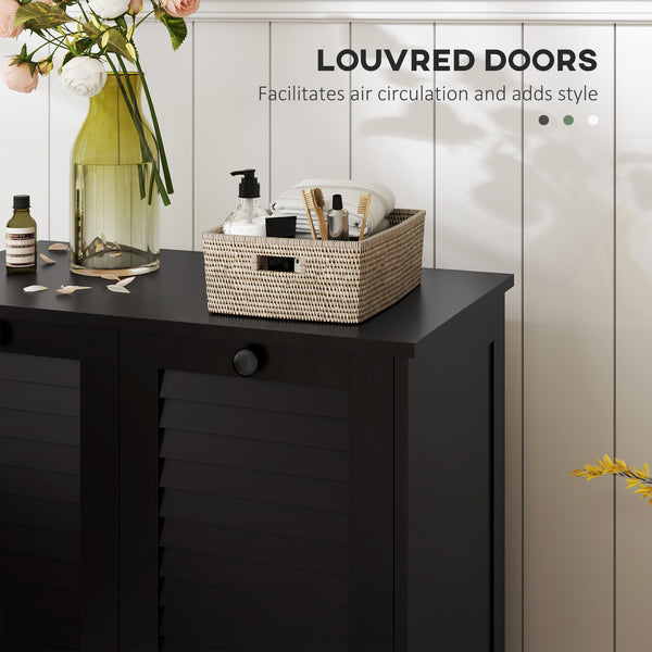 Tilting laundry basket cabinet with 2 baskets and 2 louvered doors, black