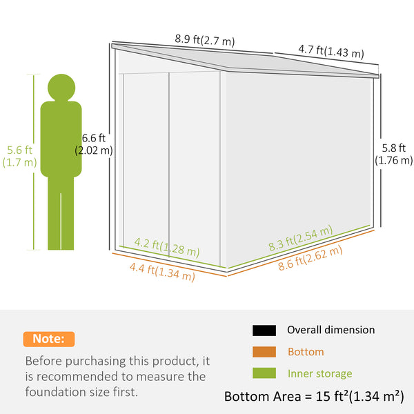Lean-to steel garden shed with foundation kit, lockable doors and 2 vents, dark grey