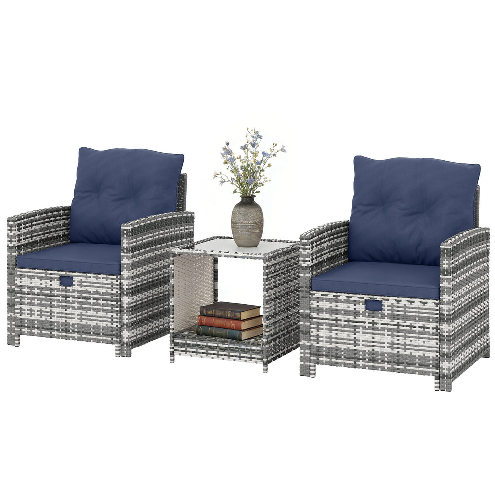 5 Piece Patio Furniture Set, Wicker Patio Chairs with Ottomans, 2-Tier Glass Coffee Table and Cushions, Grey/Dark Blue
