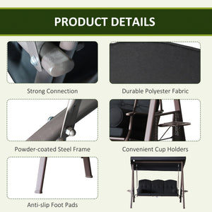 Swing chair for 3 people with steel canopy, black