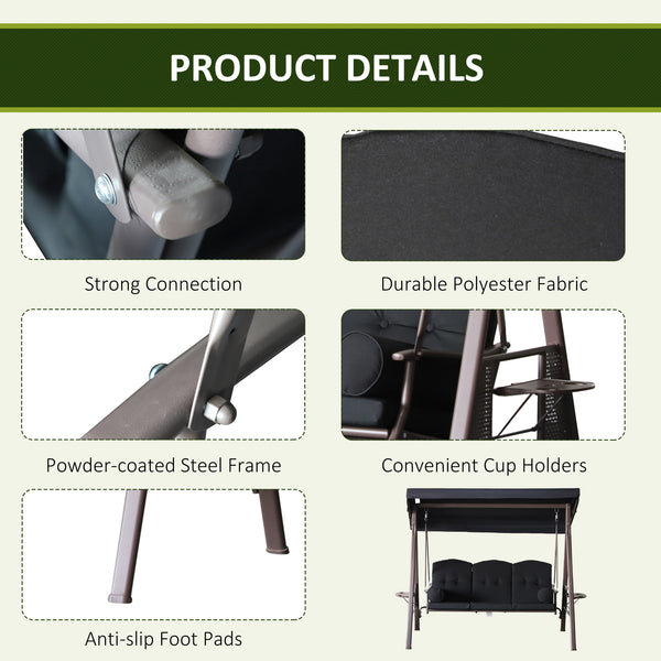 Swing chair for 3 people with steel canopy, black