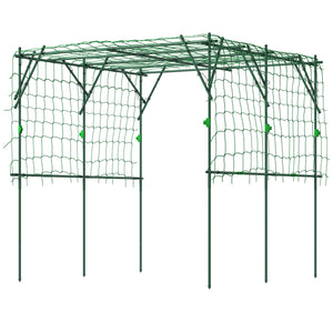 Garden arch for climbing cucumbers with support netting, green
