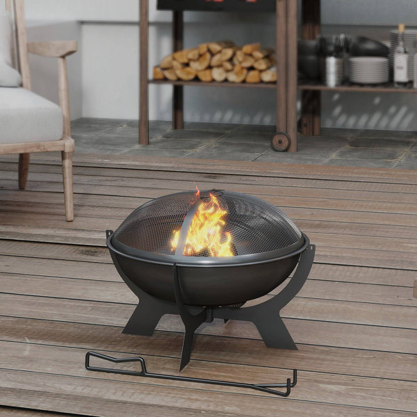 Outdoor Wood Burning Fire Pit with Poker, Portable Bonfire Pit, Black