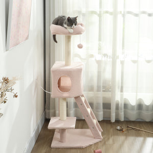 119cm high cat tree with niche, ladder, scratching posts and hanging ball, pink