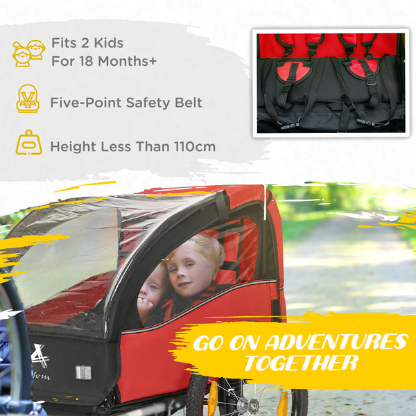 2-seater bicycle trailer with storage bag, 5-point harness, red 