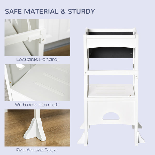 Foldable Toddler Kitchen Step Stool with Chalkboard and Locking Handrail, White