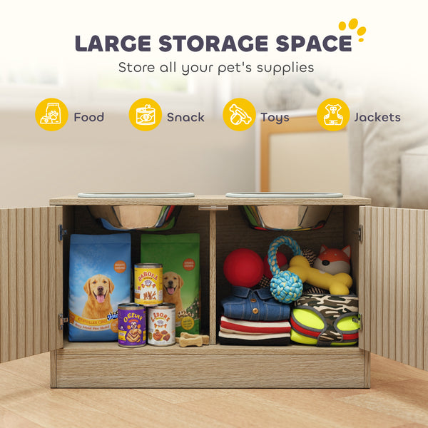 Raised Dog Bowls with Storage, Oak