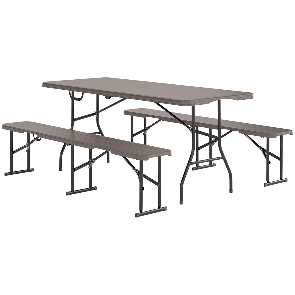 Foldable camping table and benches set with carry handles, brown