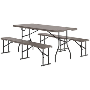 Foldable camping table and benches set with carry handles, brown