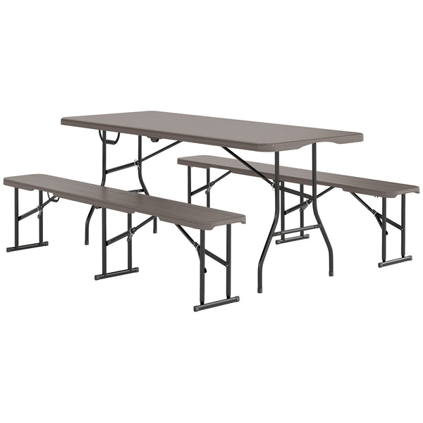 Foldable camping table and benches set with carry handles, brown