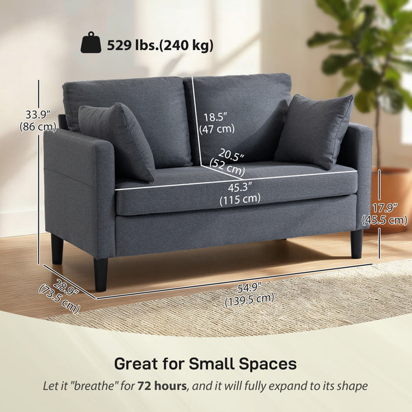 Two-seater sofa, modern linen upholstery, spring cushions, 2 pillows, dark grey