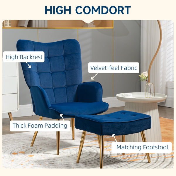 Armchair with footrest and gold metal legs, dark blue