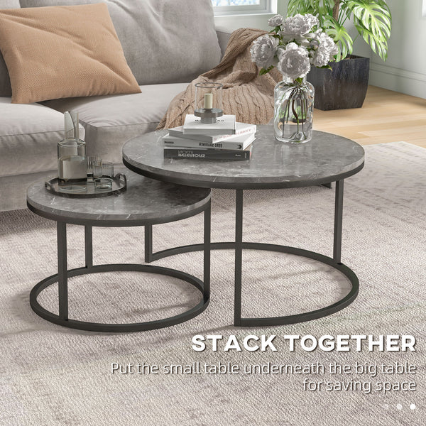 Set of 2 modern coffee tables with metal base, gray marble effect