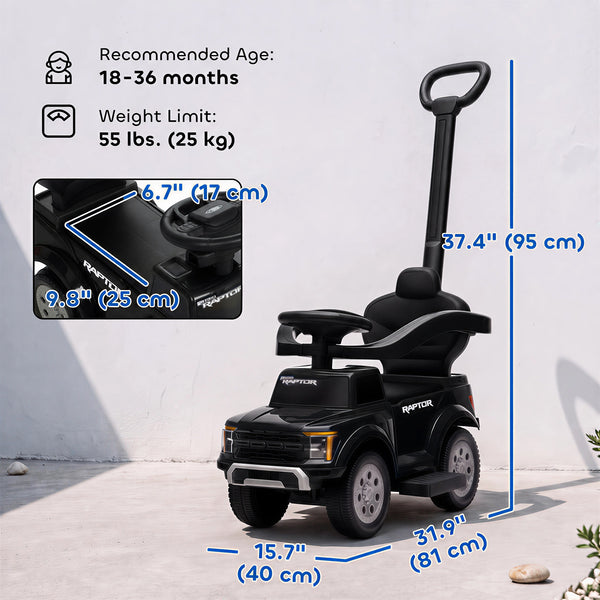 3-in-1 ride-on car with handle and lights, black