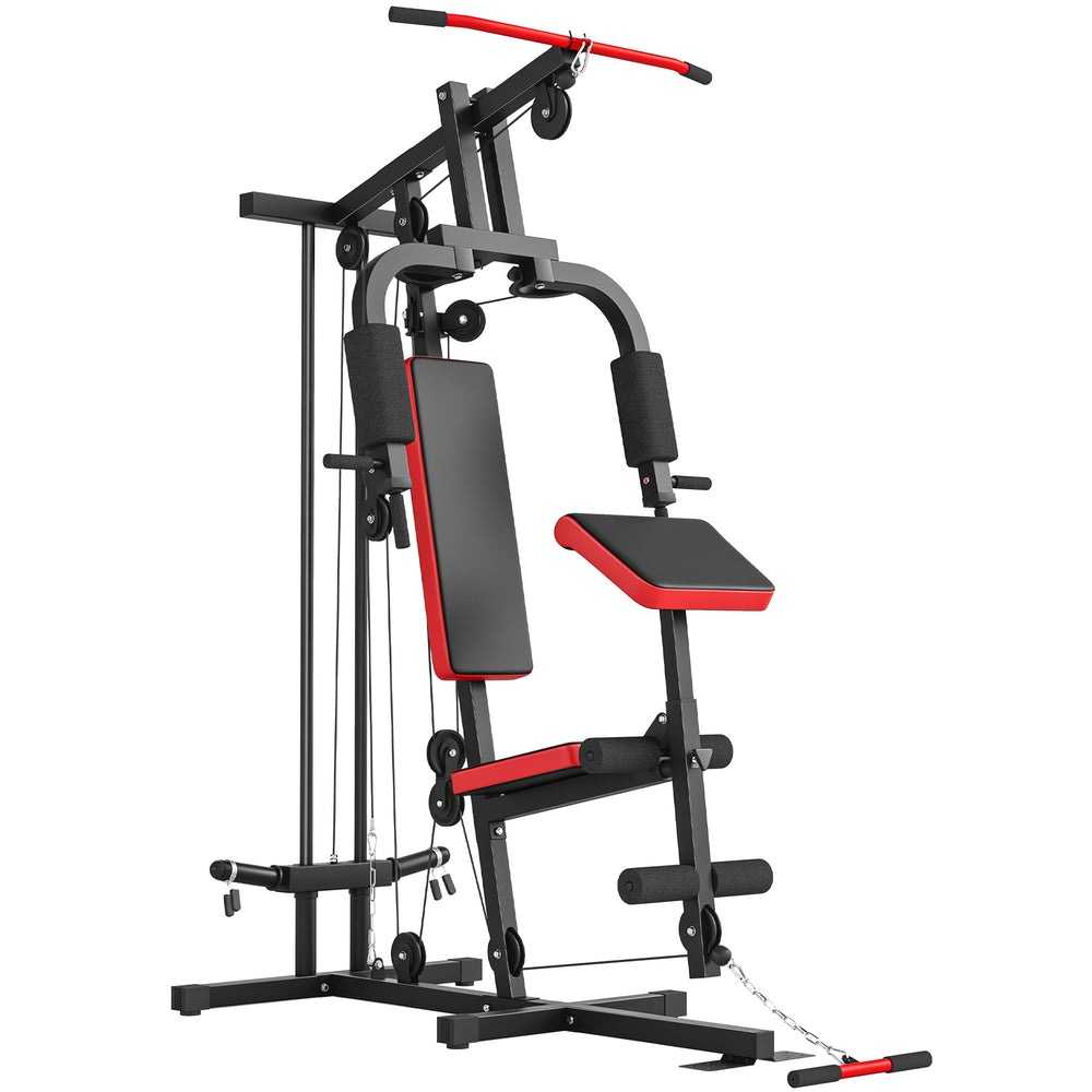 Appareil de musculation multifonctionnel avec système de poulies pour un entraînement complet du corps, noir.
