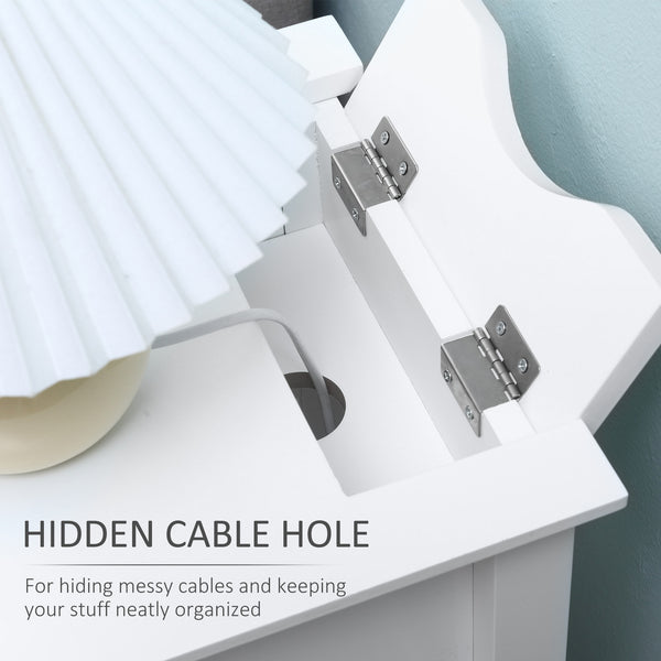 Folding side table with storage shelf and cable management, white