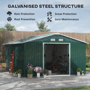 Practical garden shed with 4 ventilation openings and double sliding doors, green
