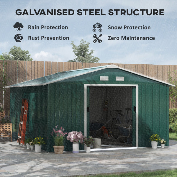 Practical garden shed with 4 ventilation openings and double sliding doors, green