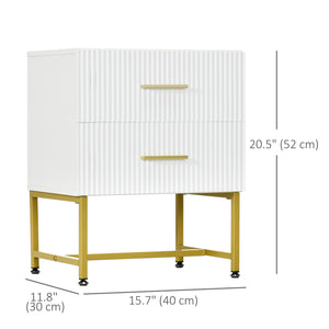 Set of 2 modern bedside tables with 2 fluted drawers and gold legs, white
