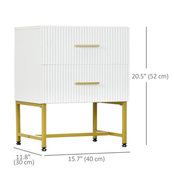 Set of 2 modern bedside tables with 2 fluted drawers and gold legs, white