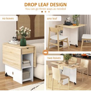 Folding dining table with drawer and storage shelves, oak 
