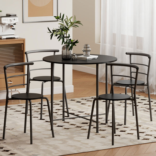 Dining set for 4 people with metal frame, black wood finish.