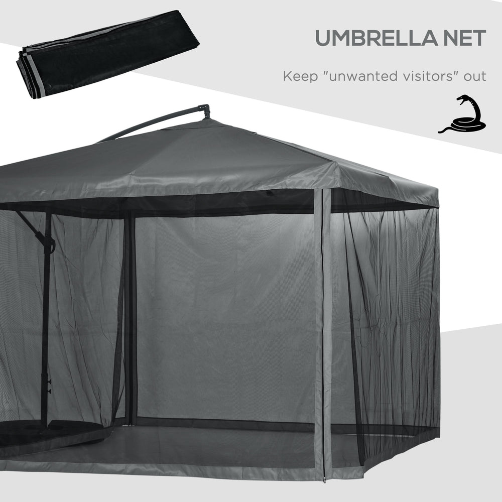 Cantilever patio umbrella with mosquito net and base, dark gray